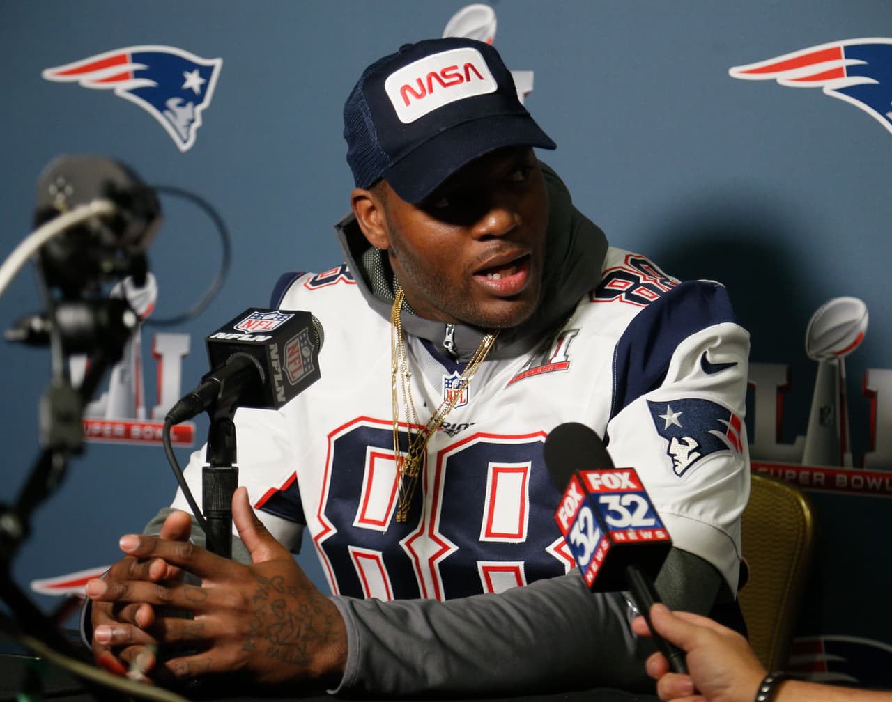 HOUSTON, TX - FEBRUARY 01: Martellus Bennett #88 of the New England Patriots answers questions during Super Bowl LI media availability at the J.W. Marriott on February 1, 2017 in Houston, Texas. (Photo by Bob Levey/Getty Images)