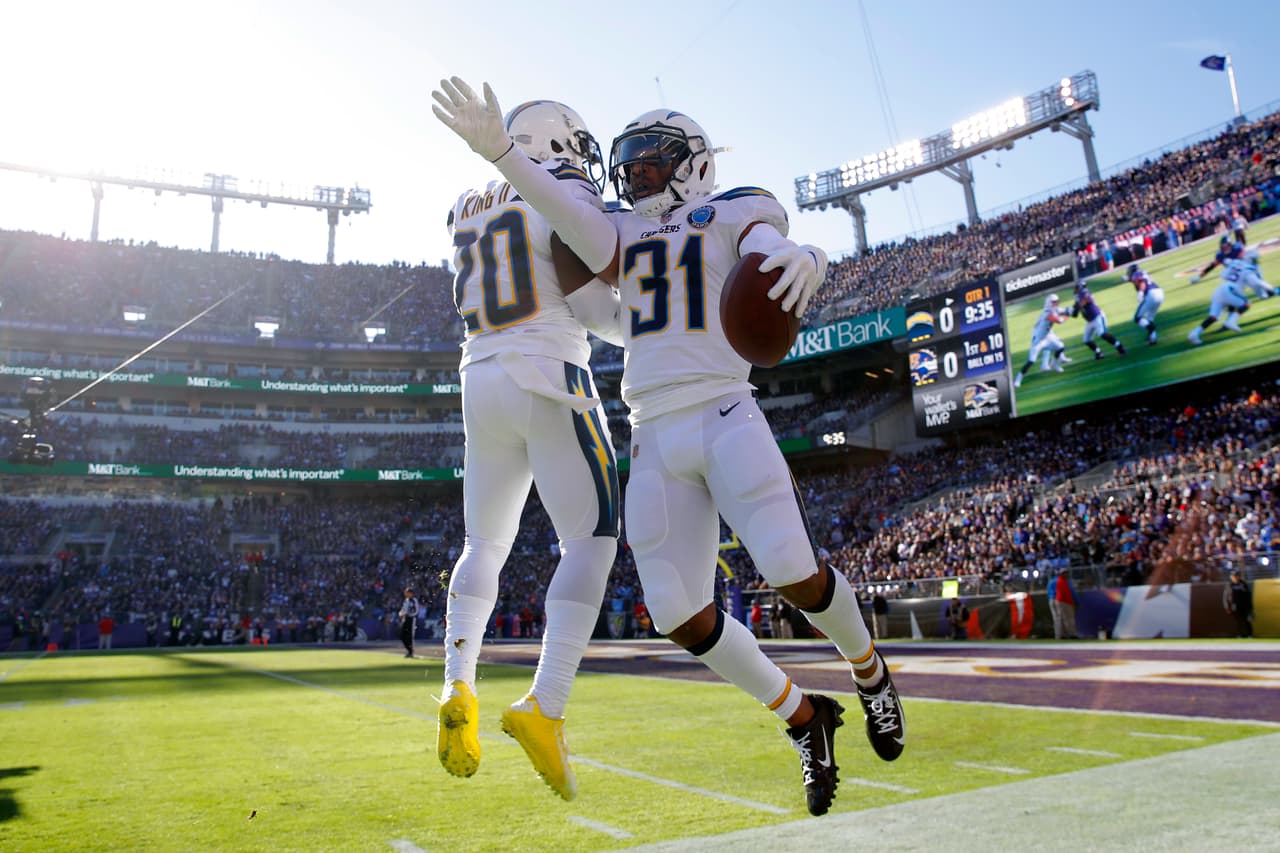 Los Angeles Chargers defensive back Adrian Phillips, right, celebrates with teammate Desmond King after recovering a fumble in the first half of an NFL wild card playoff football game against the Baltimore Ravens, Sunday, Jan. 6, 2019, in Baltimore. (AP Photo/Carolyn Kaster)