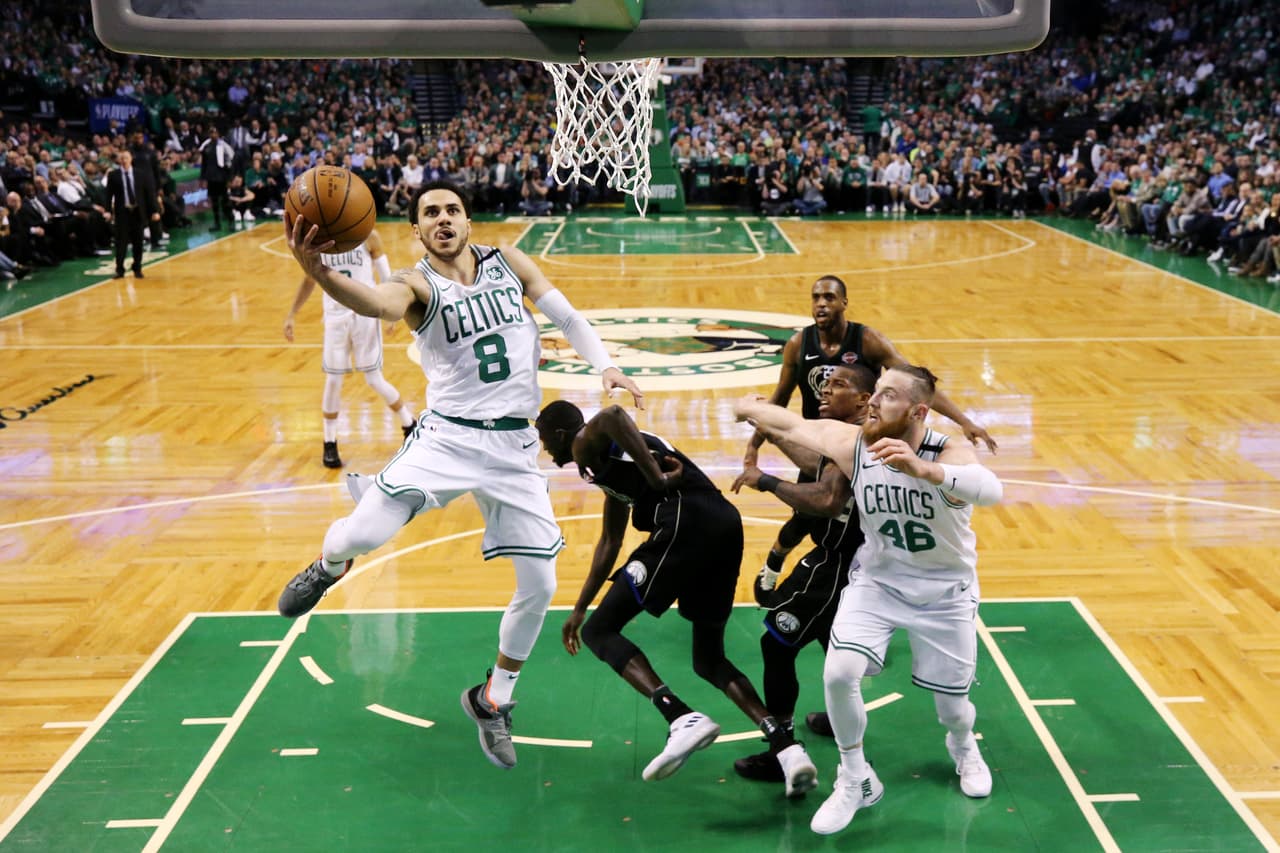 BOSTON, MA - APRIL 24: Shane Larkin #8 of the Boston Celtics takes a shot against the Milwaukee Bucks during Game Five in Round One of the 2018 NBA Playoffs at TD Garden on April 24, 2018 in Boston, Massachusetts. The Celtics defeat the Bucks 92-87. (Photo by Maddie Meyer/Getty Images)