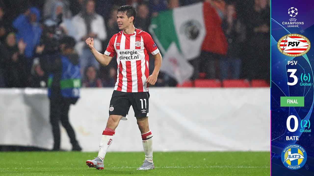 El ‘Chucky’ en Champions: el PSV, con gol del mexicano, ganó 3-0 y avanzó a la fase de grupos