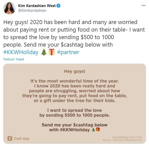 En su cuenta oficial de Twitter anunció que repartirá 500 dólares a mil personas por medio de una aplicación.