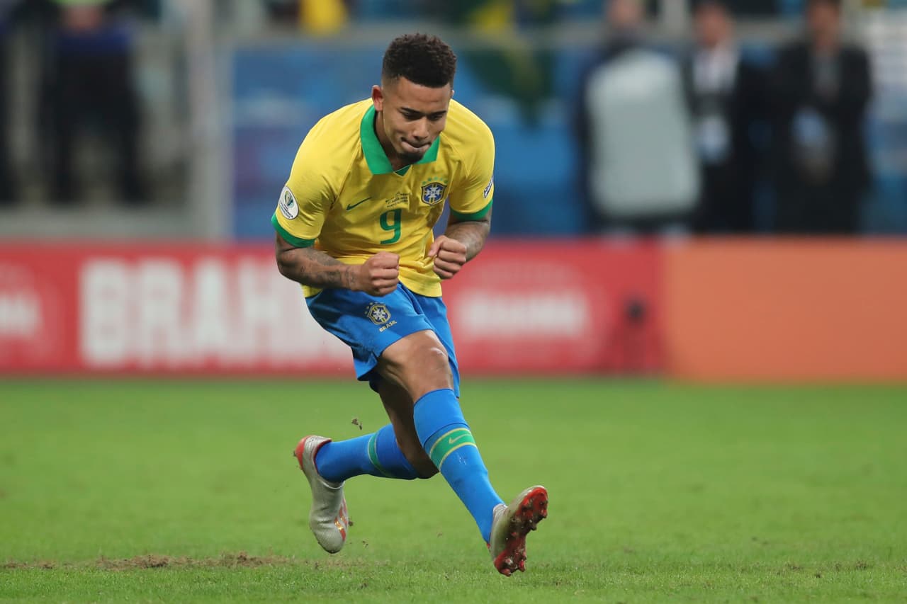 Brazil's Gabriel Jesus celebrates scoring his side's 4th goal from the penalty during a Copa America quarterfinal soccer match at the Arena do Gremio in Porto Alegre, Brazil, Thursday, June 27, 2019. (AP Photo/Edison Vara)