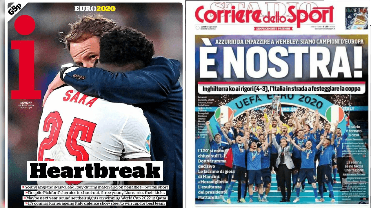 La prensa italiana celebra el campeonato en todos sus ejemplares, dedicándoles la portada a la 'Scuadra Azzurra', mientras que la prensa británica muestra, en la mayoría de sus periódicos muestra al entrenador Gareth Southgate abrazando a Bukayo Saka tras fallar el último penal que le dio la victoria a Italia.