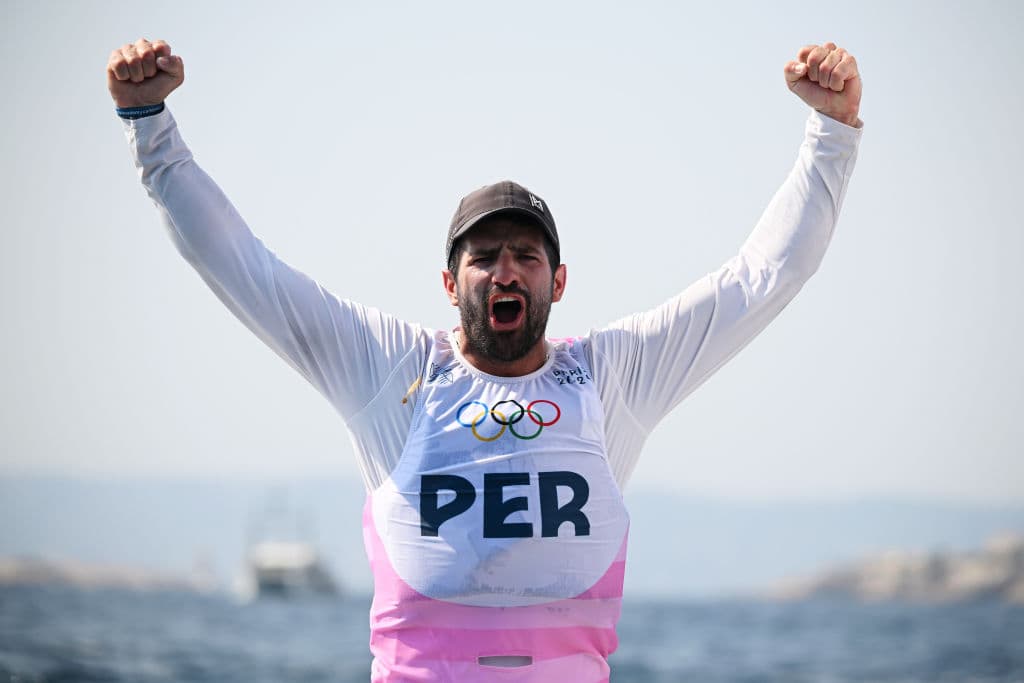 MARSEILLE, FRANCE - AUGUST 07: Stefano Peschiera of Team Peru celebrates winning the Bronze medal in the Men's Dinghy ILCA class on day twelve of the Olympic Games Paris 2024 at Marseille Marina on August 07, 2024 in Marseille, France. (Photo by Clive Mason/Getty Images)