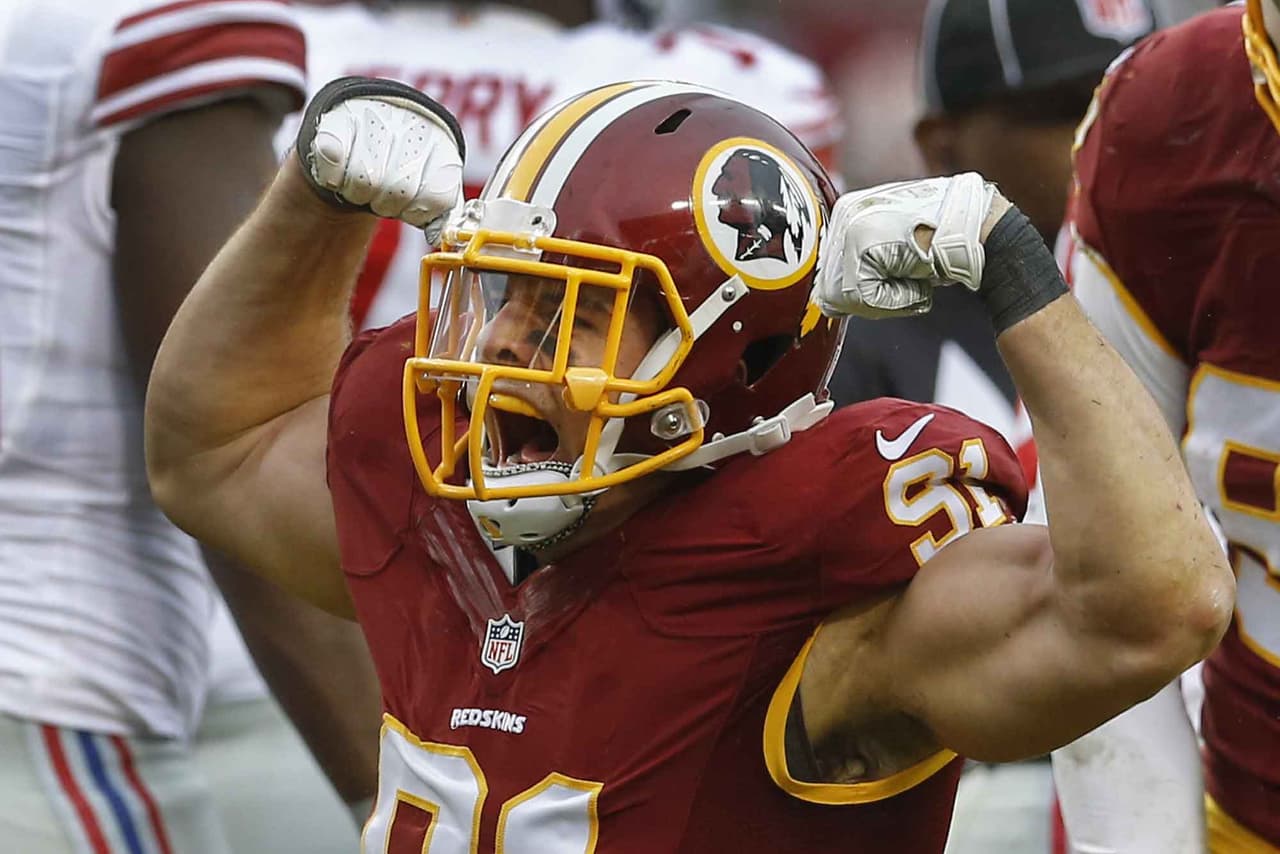 Ryan Kerrigan cosniguió dos capturas de Eli Manning para encaminar a los Redskins a empatar el liderato del Este de la NFC al vencer 20-14 a los Giants.