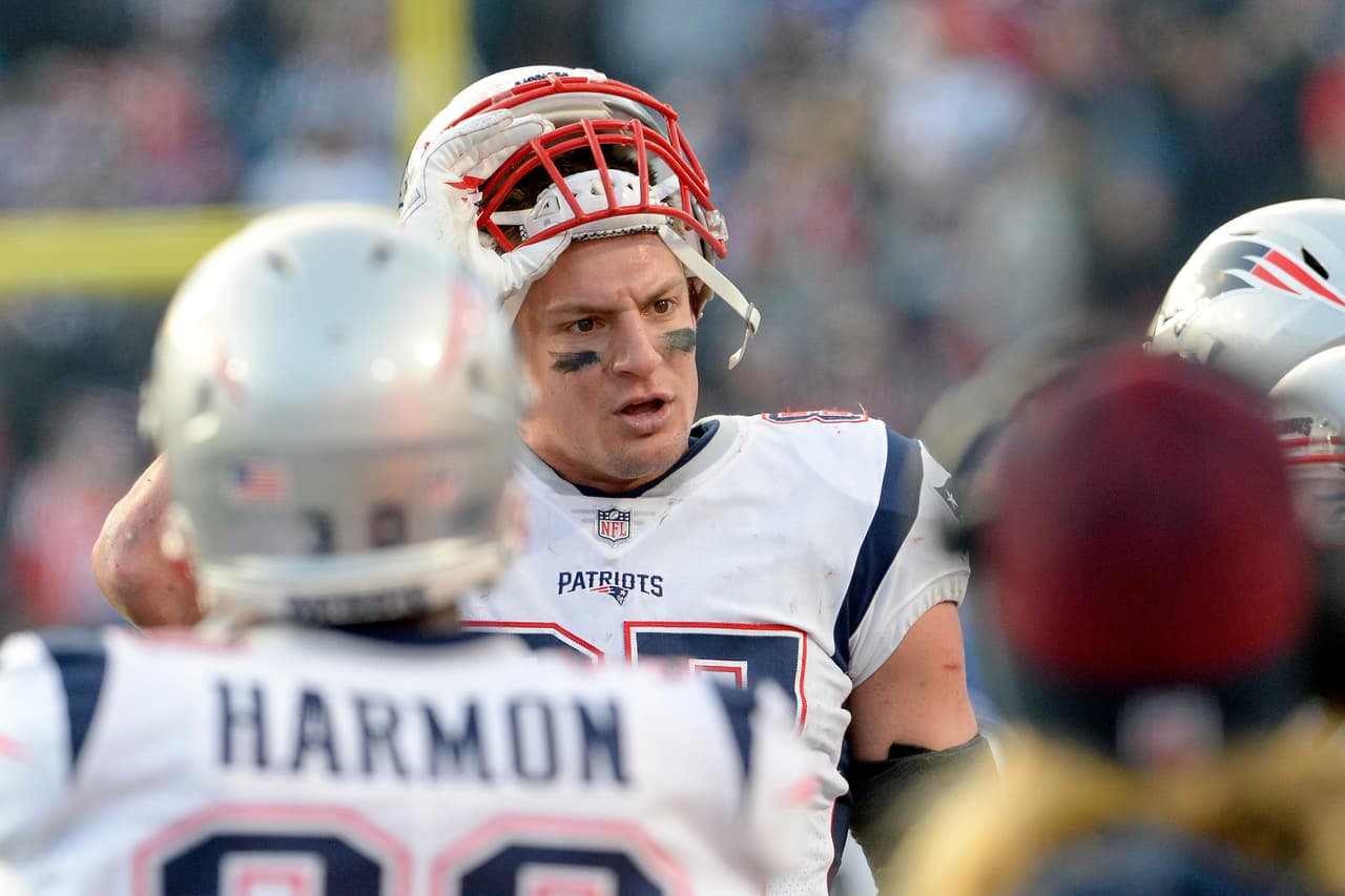 New England Patriots tight end Rob Gronkowski (87) looks on from the sideline after an argument with Buffalo Bills players during the second half of an NFL football game, Sunday, Dec. 3, 2017, in Orchard Park, N.Y. (AP Photo/Adrian Kraus)