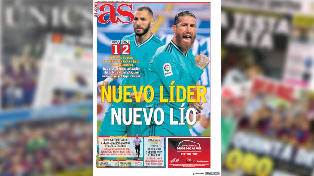 Nuevo líder, nuevo lío dice el AS de España en referencia a la polémica arbitral generada por el VAR en el triunfo del Real Madrid.