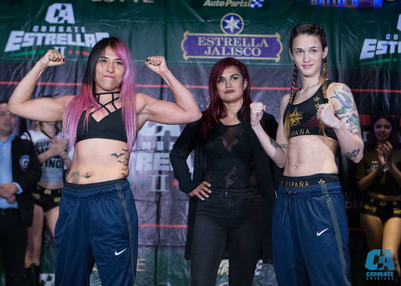 Las luchadoras Melissa Martínez e Ivanna Martinenghi pasaron la báscula en el Gimnasio de Nuevo León en donde se enfrentarán este viernes en el Combate Americas II de este 2018. Además, también pelearán Irene Cabello y Lezly Hinojosa Compean.