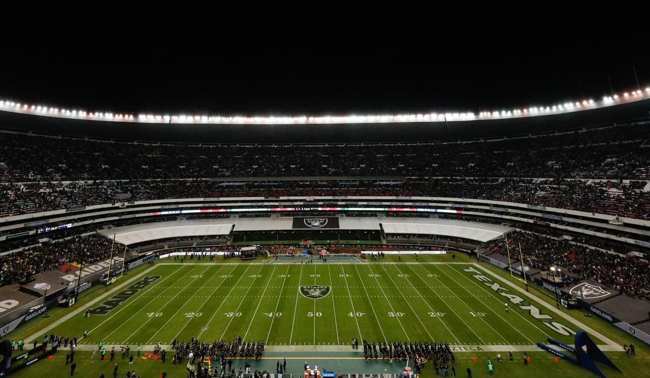 A general view of the Oakland Raiders logo at midfield prior to an NFL football game against the Houston Texans on Monday, Nov. 21, 2016 in Mexico City. Oakland won 27-20. (Aaron M. Sprecher via AP)