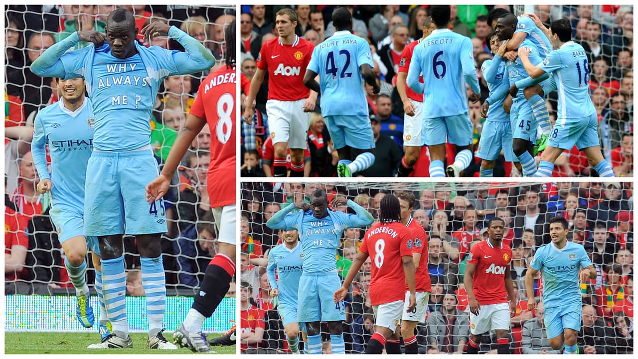 Perseguido por los tabloides británicos, Mario Balotelli contribuyó con un doblete para el 6-1 del City al United en Octubre del 2011.