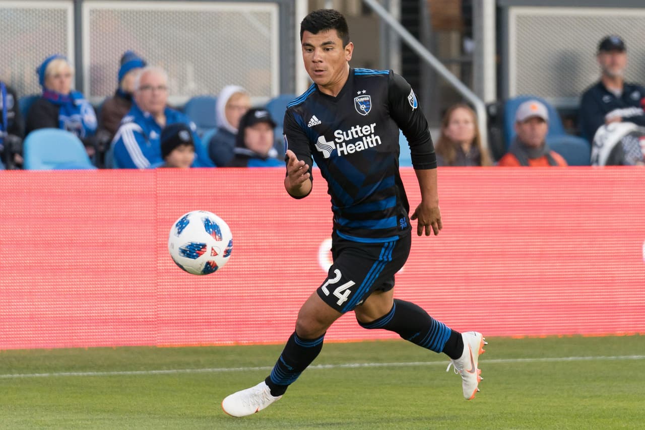 Jun 9, 2018; San Jose, CA, USA; San Jose Earthquakes defender Nick Lima (24) controls the ball in the game against the Los Angeles FC during the first half at Avaya Stadium. Mandatory Credit: Stan Szeto-USA TODAY Sports
