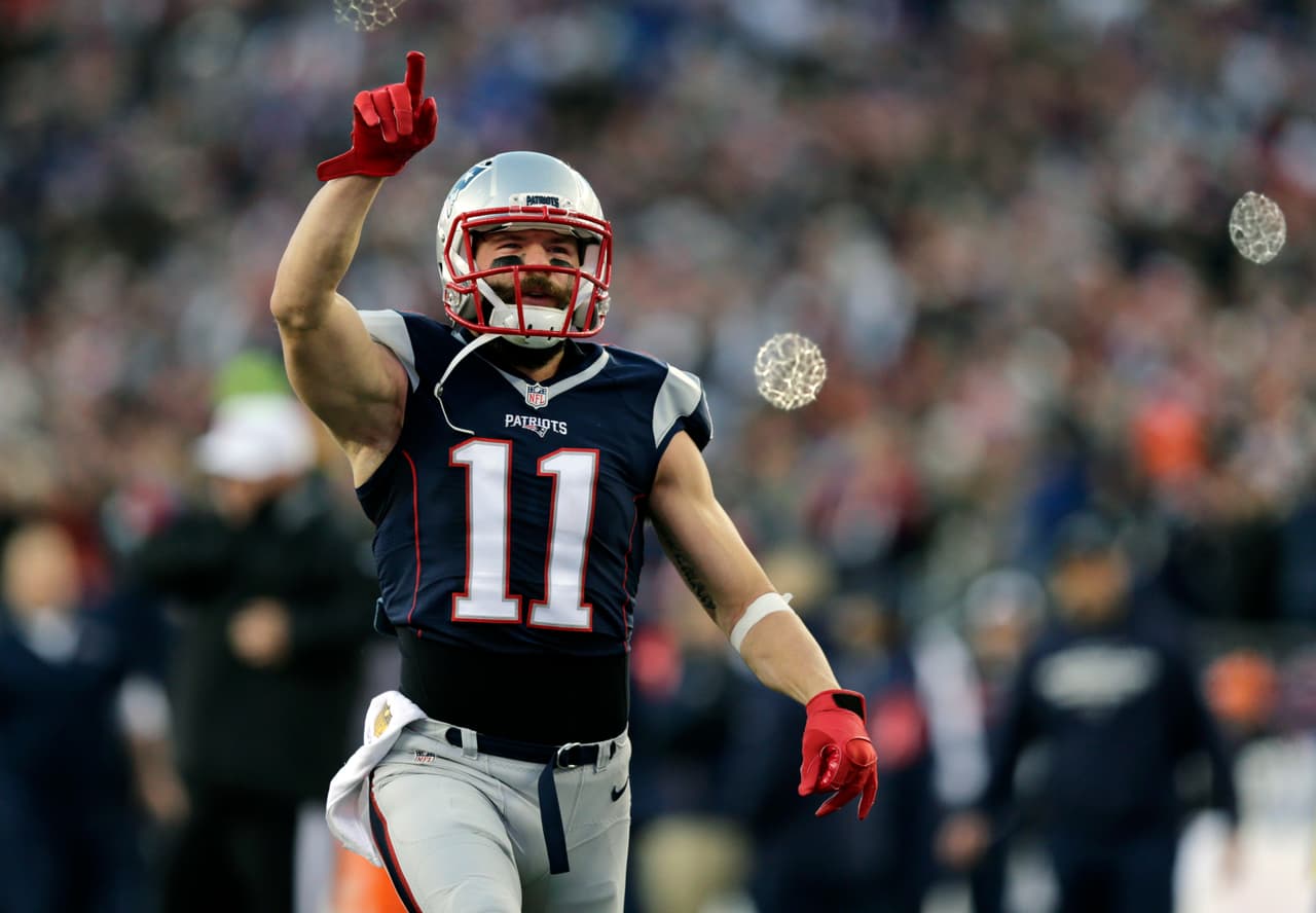 New England Patriots wide receiver Julian Edelman takes the field for an NFL divisional playoff football game against the Kansas City Chiefs, Saturday, Jan. 16, 2016, in Foxborough, Mass. (AP Photo/Charles Krupa)