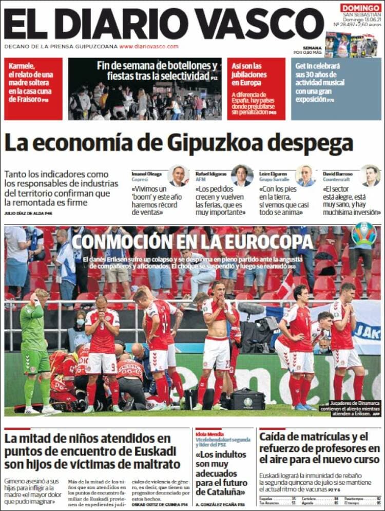 Estas fueron las portadas de la prensa tras el accidente del futbolista Christian Eriksen durante el partido Dinamarca-Finlandia en la Euro 2020.