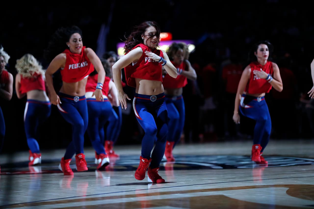 New Orleans Pelicans cheerleaders perform in the second half of an NBA basketball game in New Orleans, Monday, Nov. 26, 2018. The Celtics won 124-107. (AP Photo/Gerald Herbert)