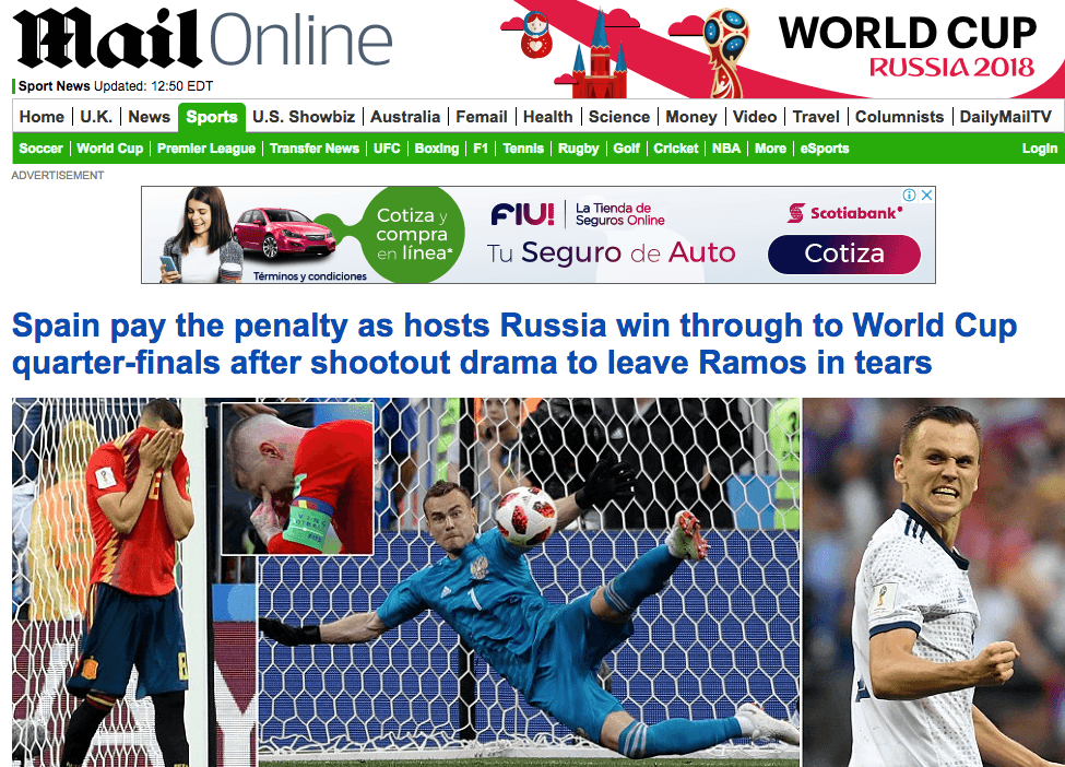 El diario inglés
<i>Daily Mail</i>: "España sufre en los penaltis mientras los anfitriones Rusia avanzan a cuartos de final del Mundial, y luego de los penaltis Ramos se quedó en lágrimas.