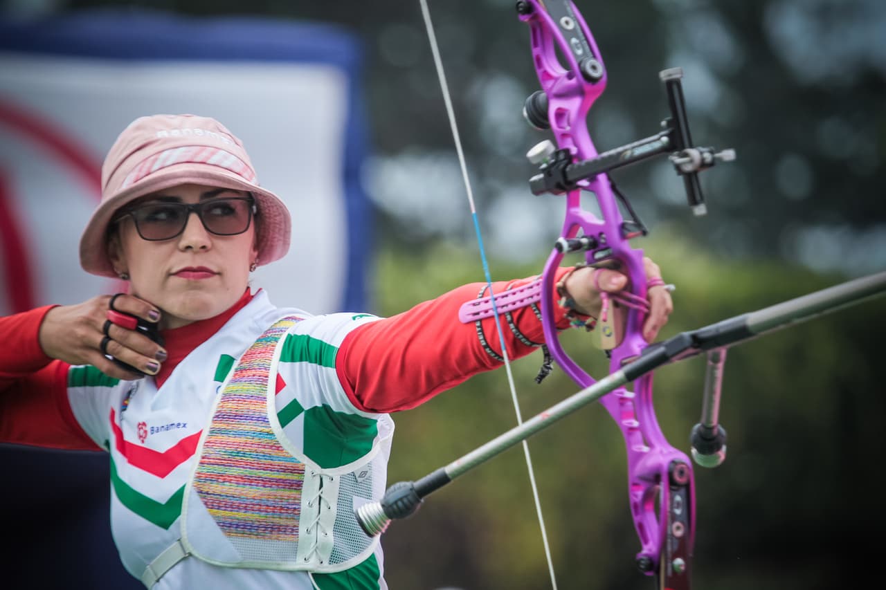WROCLAW, POLAND - AUGUST 16: In this handout image provided by the World Archery Federation, Aida Roman (MEX) shoots in the recurve mixed team gold final at the Archery World Cup on August 16, 2015 in Wroclaw, Poland. (Photo by Dean Alberga/World Archery Federation via Getty Images)