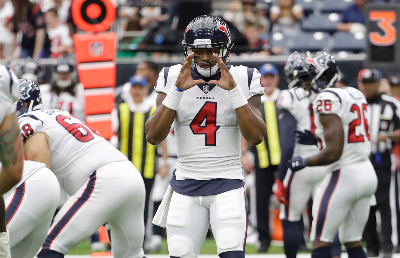 Houston Texans quarterback Deshaun Watson (4) calls a play during the second half of an NFL football game against the Jacksonville Jaguars Sunday, Sept. 10, 2017, in Houston. (AP Photo/David J. Phillip)