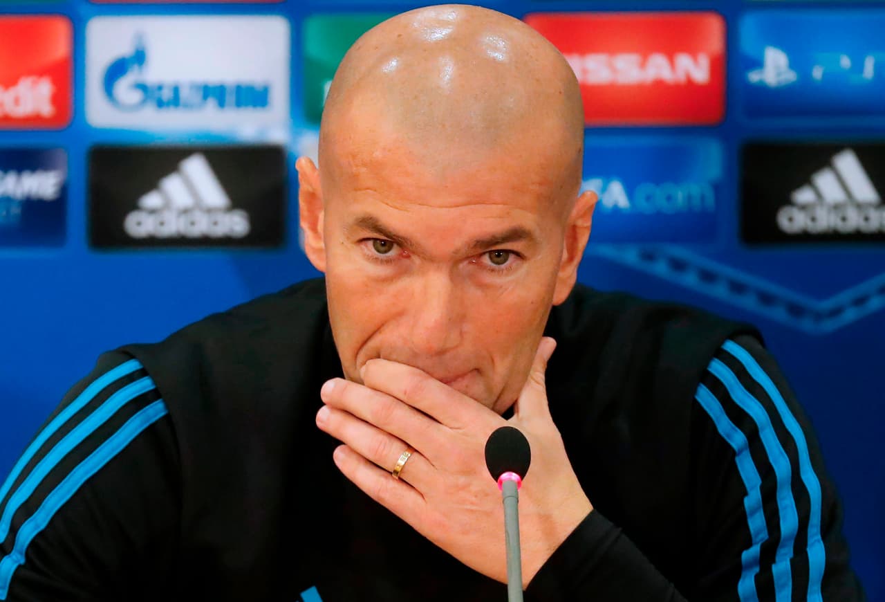 Real Madrid's French coach Zinedine Zidane attends a press conference in the Cypriot capital Nicosia's GSP Stadium on the eve of the UEFA Champions League football match APOEL FC against Real Madrid, on November 20, 2017. / AFP PHOTO / Jack GUEZ (Photo credit should read JACK GUEZ/AFP/Getty Images)