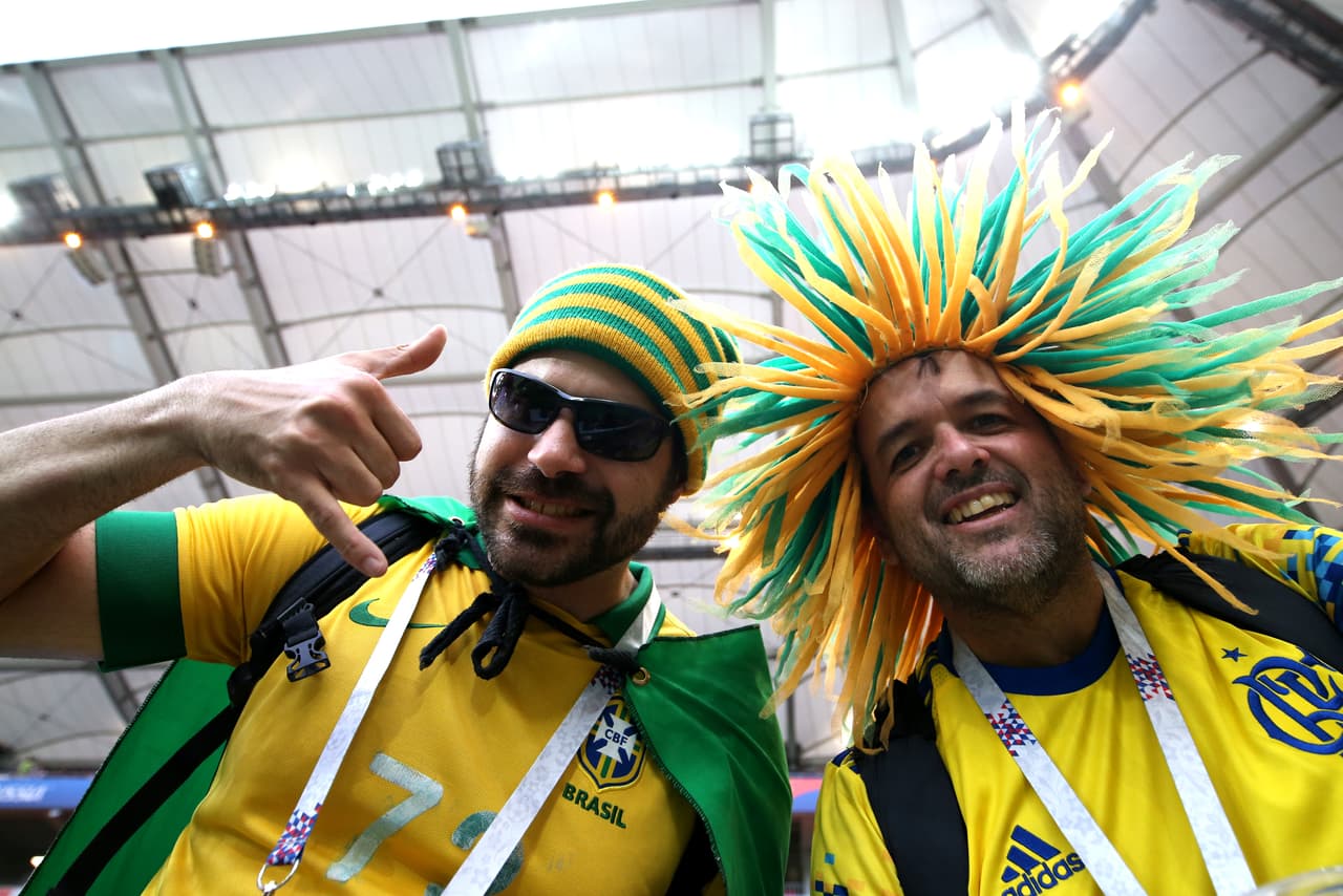 ROSTOV-ON-DON, RUSSIA - JUNE 17: Brazil fans enjoy the pre match atmosphere prior to the 2018 FIFA World Cup Russia group E match between Brazil and Switzerland at Rostov Arena on June 17, 2018 in Rostov-on-Don, Russia. (Photo by Buda Mendes/Getty Images)