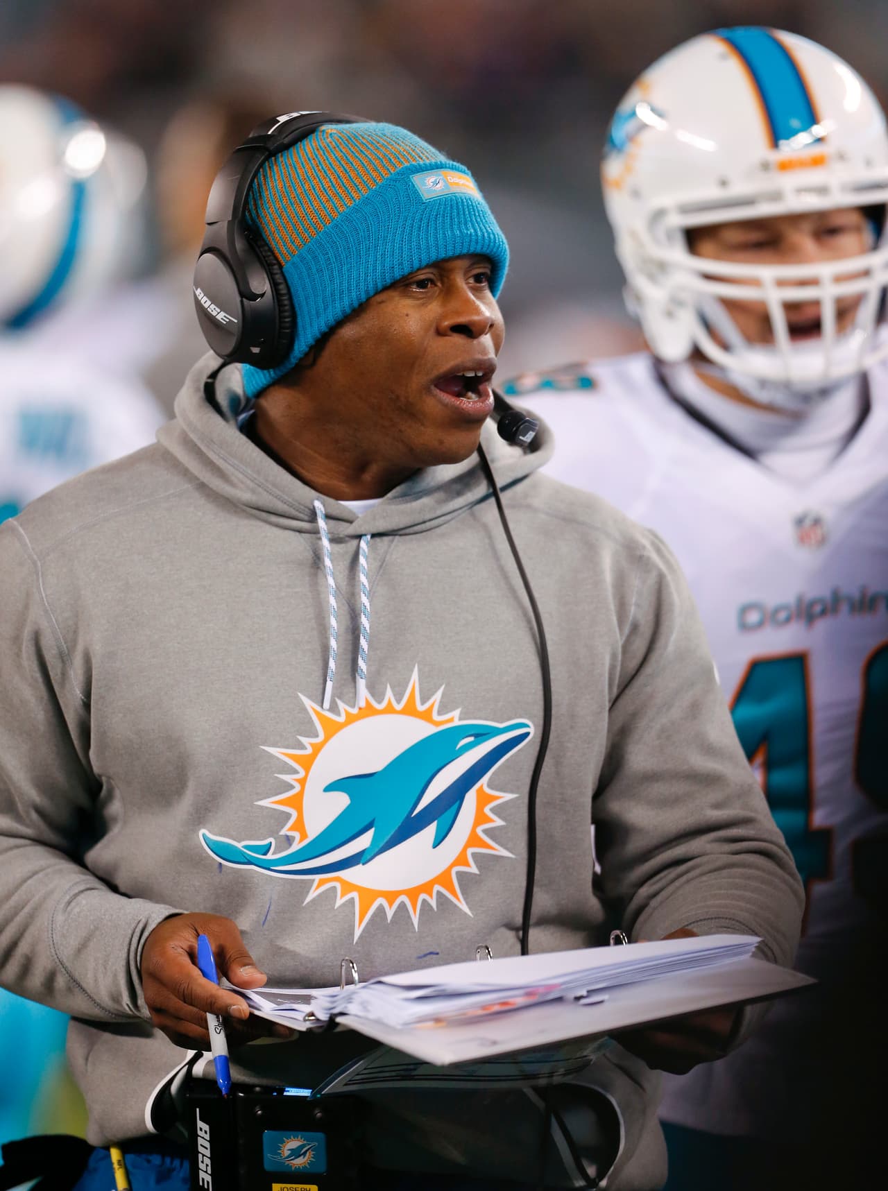 Miami Dolphins defensive coordinator Vance Joseph talks to players during a timeout during the second quarter of an NFL football game against the New York Jets, Saturday, Dec. 17, 2016, in East Rutherford, N.J. (AP Photo/Adam Hunger)