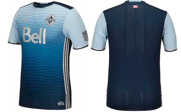 Camiseta de visitante de Vancouver Whitecaps 2016. La combinación de colores azules y plata fríos ofrece una interpretación fresca de la naturaleza natural del área de Vancouver.