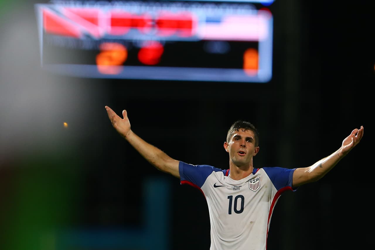 COUVA, TRINIDAD AND TOBAGO - OCTOBER 10: Christian Pulisic of the United States mens national team reacts to the referee's call during the FIFA World Cup Qualifier match between Trinidad and Tobago at the Ato Boldon Stadium on October 10, 2017 in Couva, Trinidad And Tobago. (Photo by Ashley Allen/Getty Images)