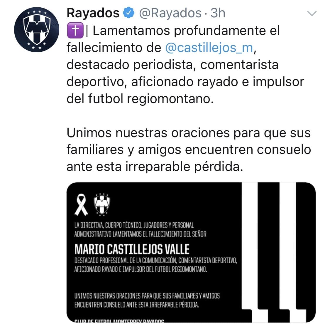 Los clubes de la Liga MX, se unieron para darle el pésame a la familia de Mario Castillejos, quién falleció este miércoles 18 de septiembre.