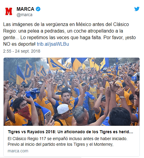Otro importante medio informativo de España, diario 
<i>Marca</i>, haciendo hincapíe en que los actos vandálicos acontecidos son deplorables y vergonzosos.