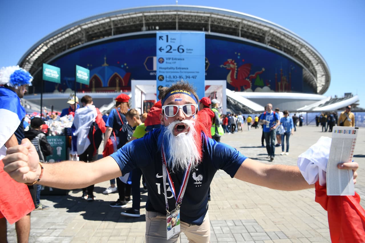 A France fan poses outside the stadium before the Russia 2018 World Cup Group C football match between France and Australia at the Kazan Arena in Kazan on June 16, 2018. (Photo by FRANCK FIFE / AFP) / RESTRICTED TO EDITORIAL USE - NO MOBILE PUSH ALERTS/DOWNLOADS (Photo credit should read FRANCK FIFE/AFP/Getty Images)