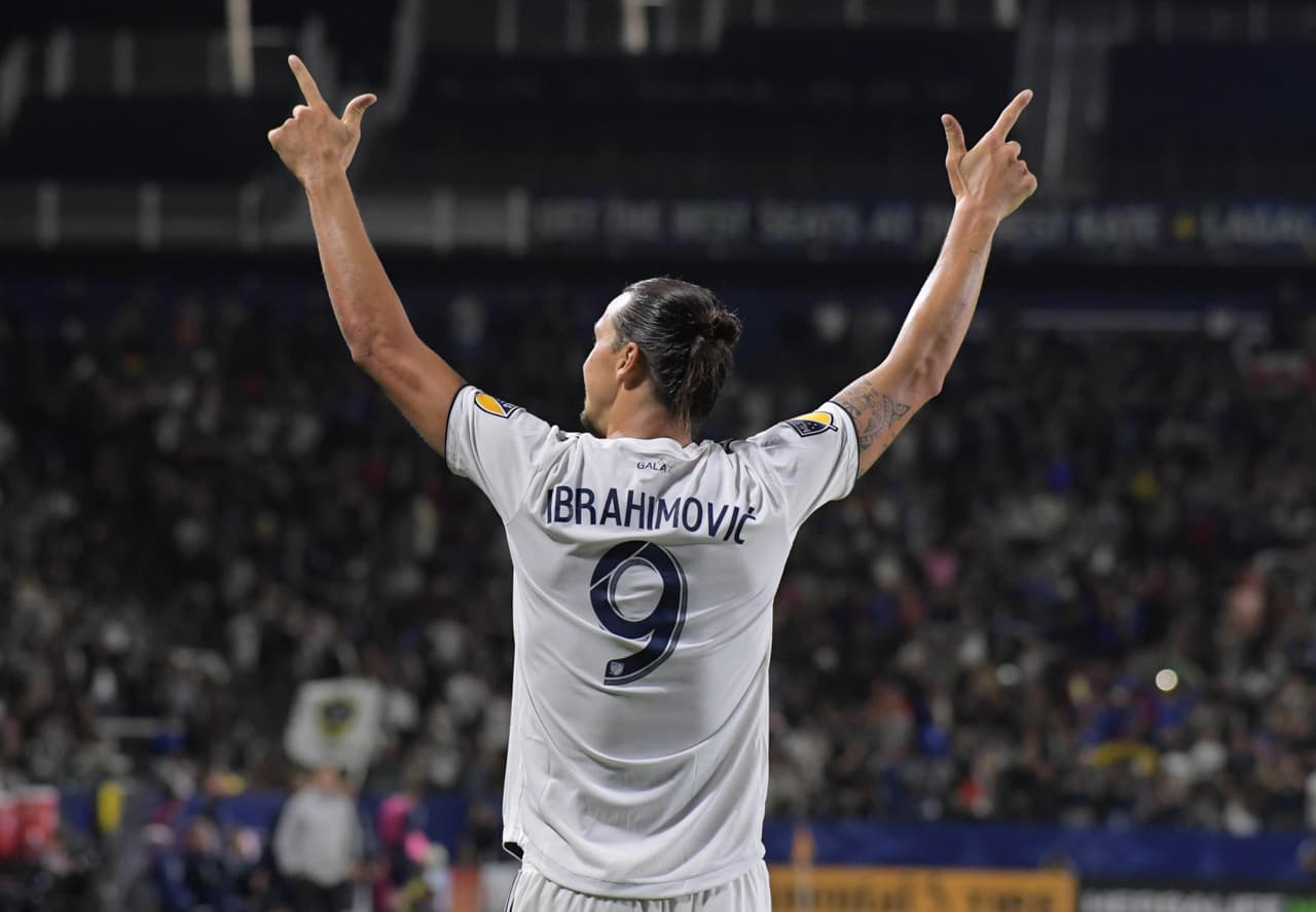 Sep 29, 2018; Carson, CA, USA; Los Angeles Galaxy forward Zlatan Ibrahimovic (9) celebrates in the second half after scoring his second goal of the game against the Vancouver Whitecaps at StubHub Center. The Galaxy defeated the Whitecaps 3-0. Mandatory Credit: Kirby Lee-USA TODAY Sports