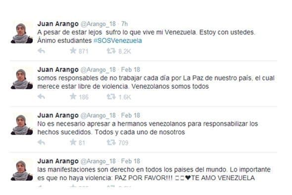 Cuatro Twitts seguidos de 'Arangol' clamaron por el derecho de los estudiantes a protestar y por la paz en Venezuela.