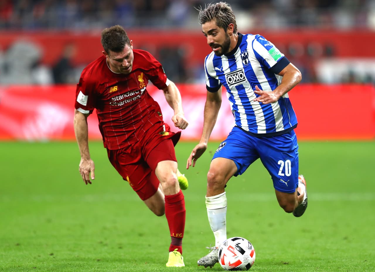 DOHA, QATAR - DECEMBER 18: Rodolfo Pizarro of C.F. Monterrey battles for possession with James Milner of Liverpool during the FIFA Club World Cup semi-final match between Monterrey and Liverpool at Education City Stadium on December 18, 2019 in Doha, Qatar. (Photo by Francois Nel/Getty Images)