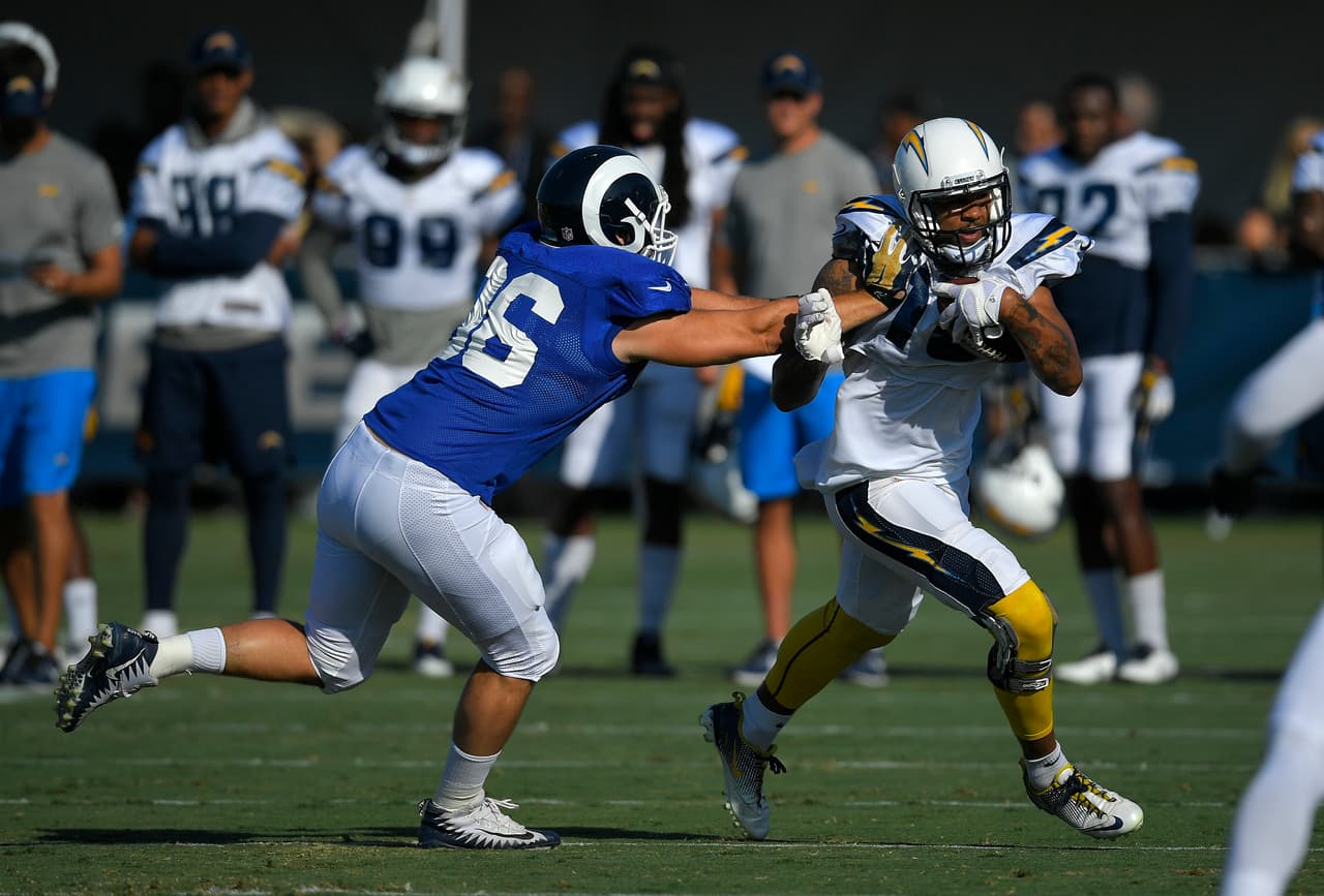 Los Angeles Chargers wide receiver Keenan Allen, right, tries to get by Los Angeles Rams defensive end Matt Longacre, center, during joint NFL football practice, Wednesday, Aug. 9, 2017, in Irvine, Calif. (AP Photo/Mark J. Terrill)