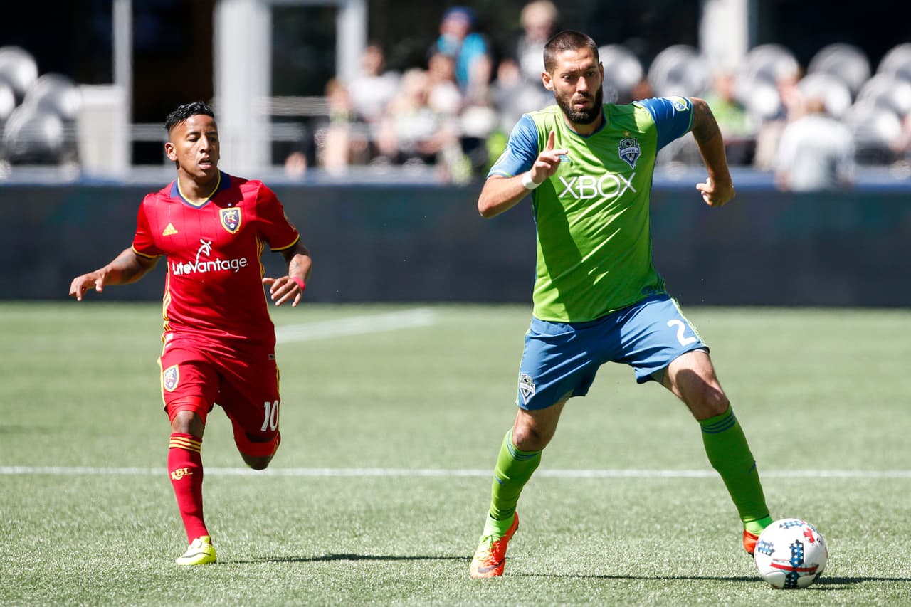 May 20, 2017; Seattle, WA, USA; Seattle Sounders FC midfielder Clint Dempsey (2) dribbles the ball against Real Salt Lake forward Joao Plata (10) during the second half at CenturyLink Field. Mandatory Credit: Jennifer Buchanan-USA TODAY Sports