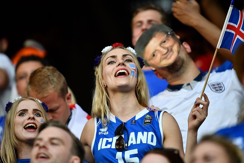 Iceland supporters are pictured ahead the Euro 2016 round of 16 football match between England and Iceland at the Allianz Riviera stadium in Nice on June 27, 2016. / AFP / BERTRAND LANGLOIS (Photo credit should read BERTRAND LANGLOIS/AFP/Getty Images)