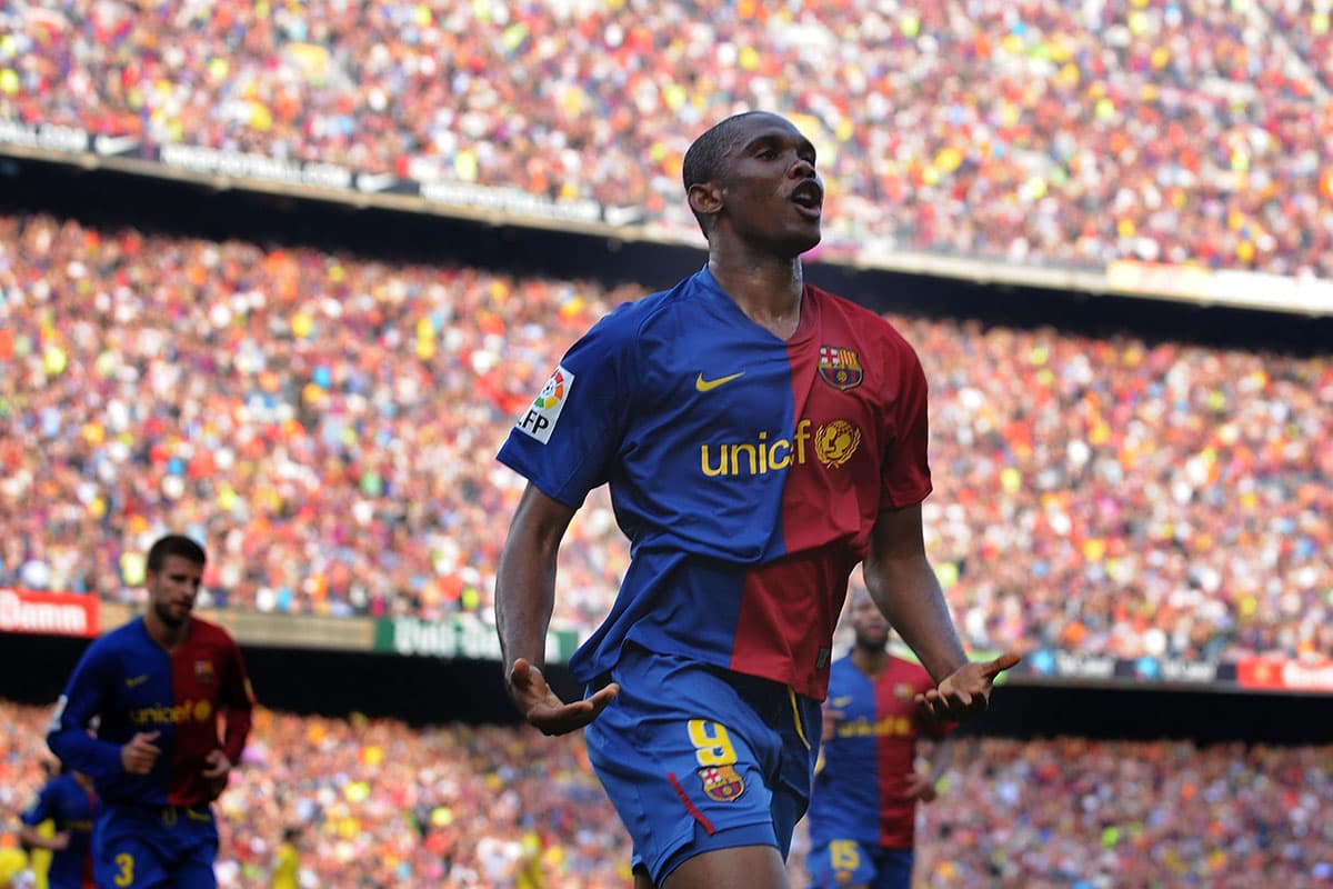 El recuerdo más frecuente de
<b>Samuel Eto'o </b>es con el Barcelona entre 2005 y 2009, ganando siete títulos incluida una UEFA Champions League.