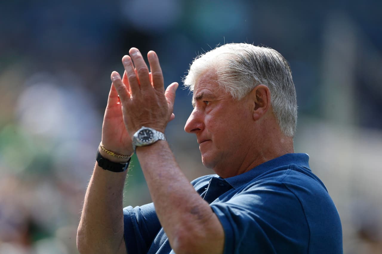 Aug 18, 2018; Seattle, WA, USA; Los Angeles Galaxy head coach Sigi Schmid claps as he leaves the field after a game against the Seattle Sounders FC at CenturyLink Field. Mandatory Credit: Jennifer Buchanan-USA TODAY Sports