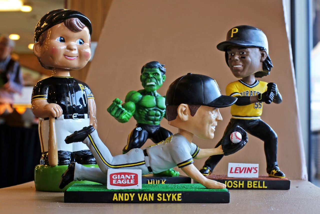 These are the Pittsburgh Pirates 2018 bobble head promotions on display during media day Monday, March 26, 2018 at PNC Park. The home opener is Monday, Apr. 2, 2018 against the Minnesota Twins. (AP Photo/Gene J. Puskar)