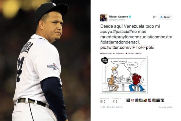 El tercer base de los Detroit Lions de la MLB, Miguel Cabrera, plasmó en su cuenta @MiguelCabrera una caricatura en apoyo a su país.