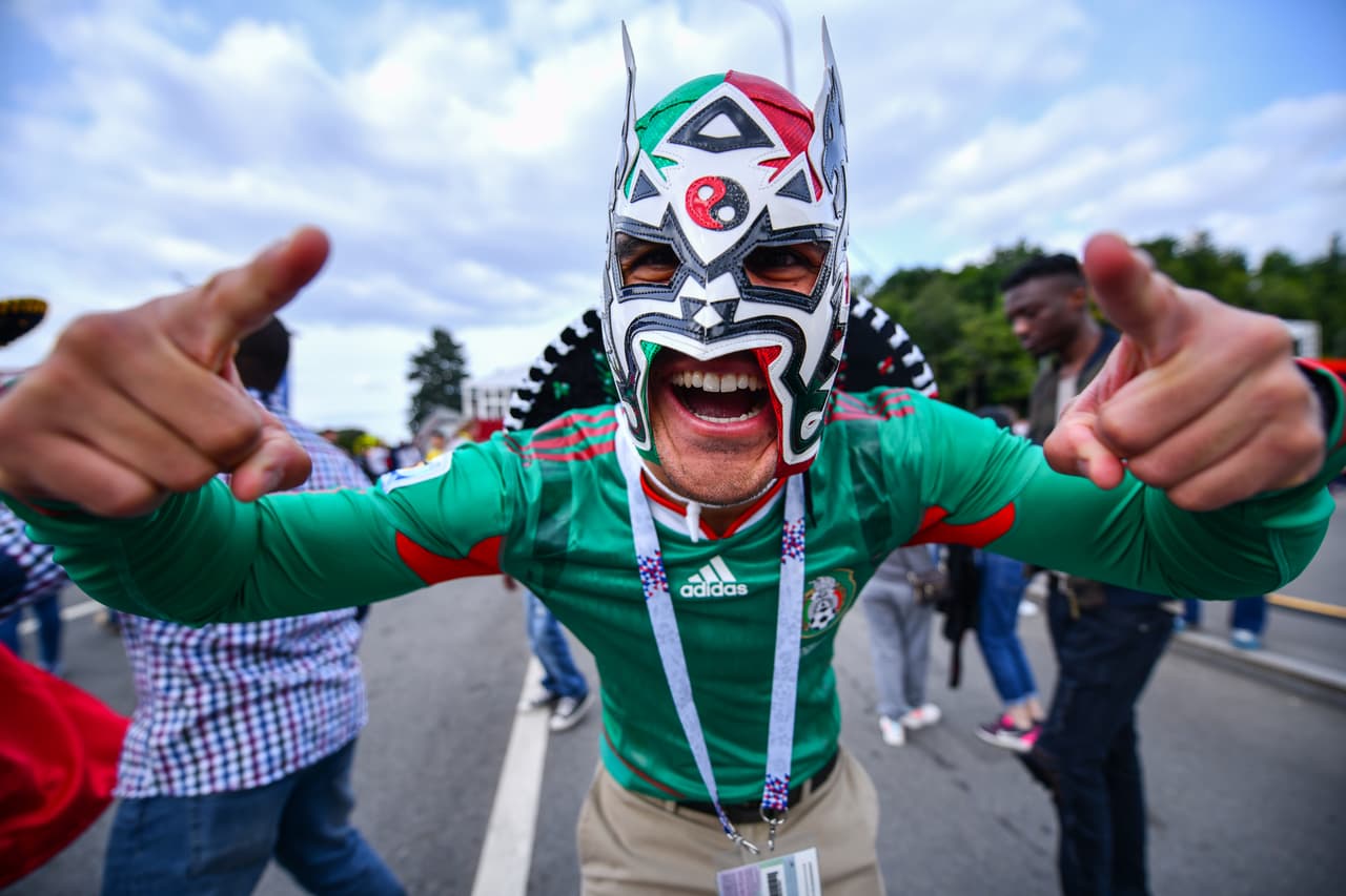 MOSCOW, RUSSIA - JUNE 14: Fan of Mexico pose during the 2018 FIFA World Cup Russia group A match between Russia and Saudi Arabia at FIFA Fans Fest Moscow on June 14, 2018 in Moscow, Russia. (Photo by Hector Vivas/Getty Images)