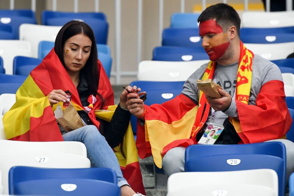Spain's fans get ready to cheer prior to the Russia 2018 World Cup Group B football match between Spain and Morocco at the Kaliningrad Stadium in Kaliningrad on June 25, 2018. (Photo by Attila KISBENEDEK / AFP) / RESTRICTED TO EDITORIAL USE - NO MOBILE PUSH ALERTS/DOWNLOADS (Photo credit should read ATTILA KISBENEDEK/AFP/Getty Images)