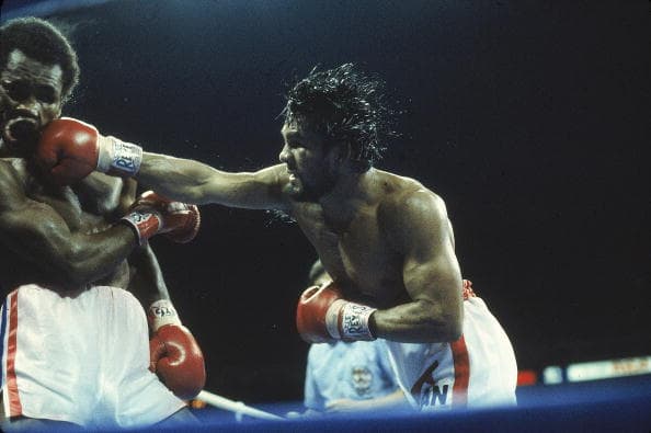 CANADA - JUNE 20: Boxing: WBC Welterweight Title, Closeup of Roberto Duran (R) in action vs Sugar Ray Leonard (L) at Olympic Stadium, Montreal, CAN 6/20/1980 (Photo by Manny Millan/Sports Illustrated/Getty Images) (SetNumber: X24627)