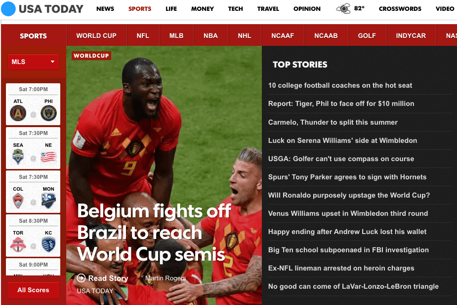 El diario estadounidense 
<i>USA Today</i> en su edición digital: "Bélgica pelea con Brasil para alcanzar las semfinales de la Copa del Mundo".