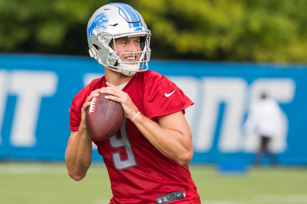Detroit Lions quarterback Matthew Stafford (9) during practice at the Detroit Lions training facility on Tuesday, August 22, 2017 in Allen Park, Mich. (Detroit Lions via AP)