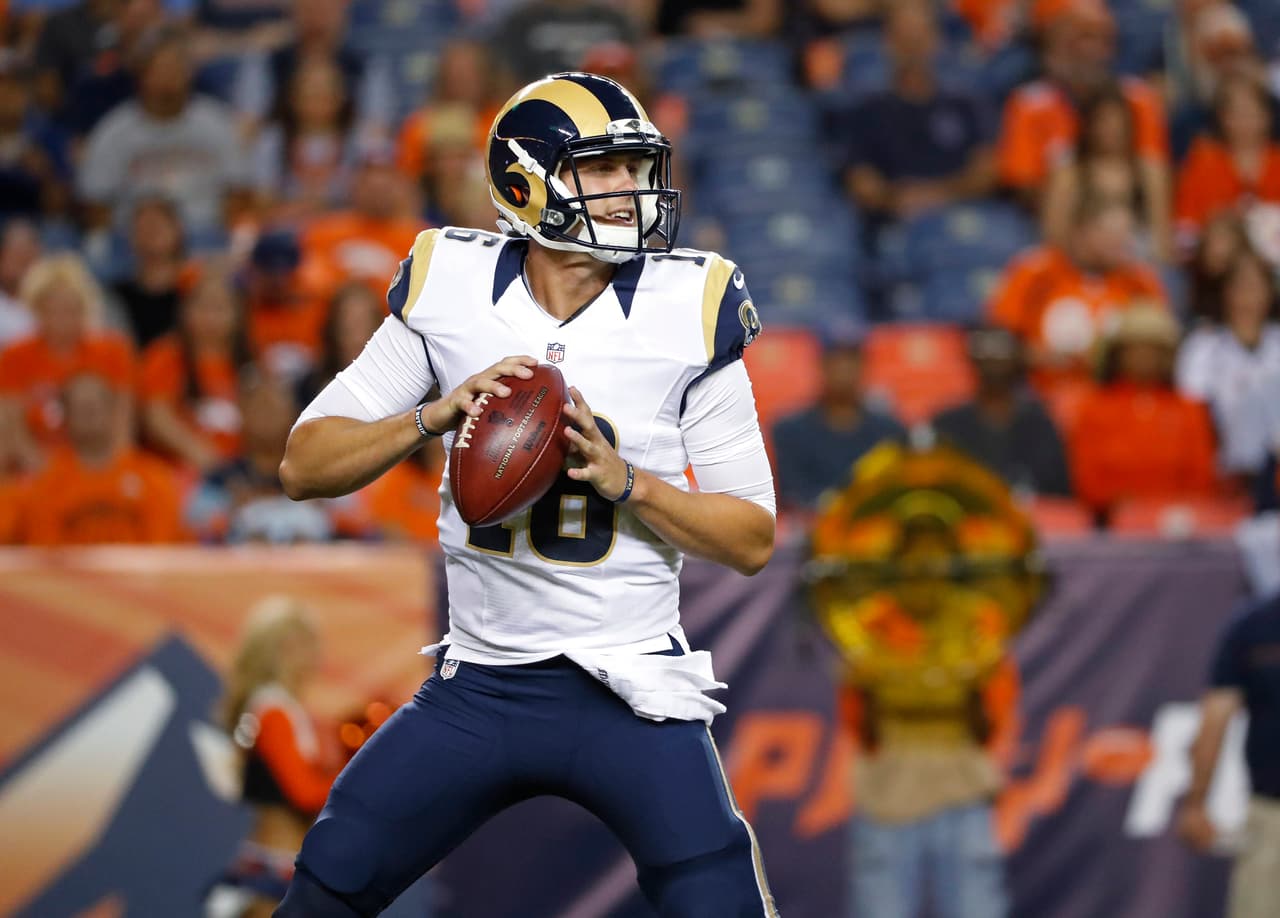 Los Angeles Rams quarterback Jared Goff (16) passes during an NFL preseason game against the Denver Broncos on Saturday, August 27, 2016, in Denver, Co. The Broncos won the game, 17-9. (Greg Trott via AP)