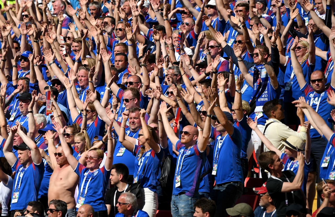 MOSCOW, RUSSIA - JUNE 16: Iceland fans show their support during the 2018 FIFA World Cup Russia group D match between Argentina and Iceland at Spartak Stadium on June 16, 2018 in Moscow, Russia. (Photo by Matthias Hangst/Getty Images)