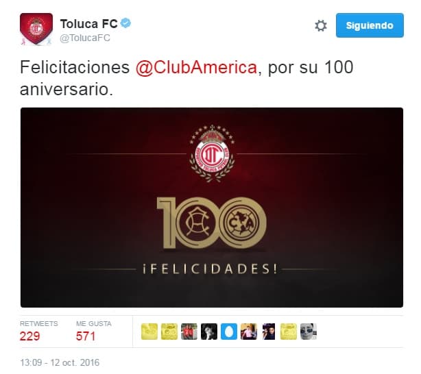América cumple 100 años de existencia, por lo que diferentes equipos y personajes del medio futbolístico felicitaron a la institución. 
<br>