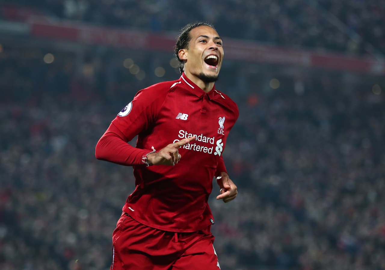 LIVERPOOL, ENGLAND - FEBRUARY 27: Virgil van Dijk of Liverpool celebrates after scoring his team's fifth goal during the Premier League match between Liverpool FC and Watford FC at Anfield on February 27, 2019 in Liverpool, United Kingdom. (Photo by Clive Brunskill/Getty Images)