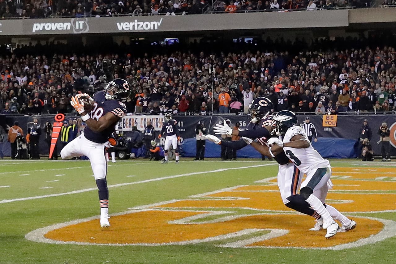 Chicago Bears strong safety Adrian Amos (38) intercepts a pass in the end zone during the first half of an NFL wild-card playoff football game against the Philadelphia Eagles Sunday, Jan. 6, 2019, in Chicago. (AP Photo/Nam Y. Huh)