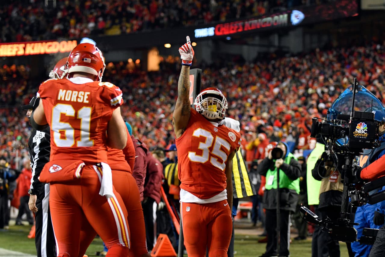 Kansas City Chiefs running back Charcandrick West (35) celebrates his touchdown during the first half of an NFL football game against the Oakland Raiders in Kansas City, Mo., Thursday, Dec. 8, 2016. (AP Photo/Ed Zurga)